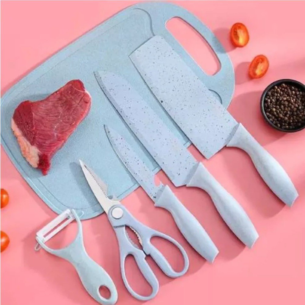 Set X7 Utensilios Cuchillos PREMIUN Cocina Azul Con Tabla Para Picar