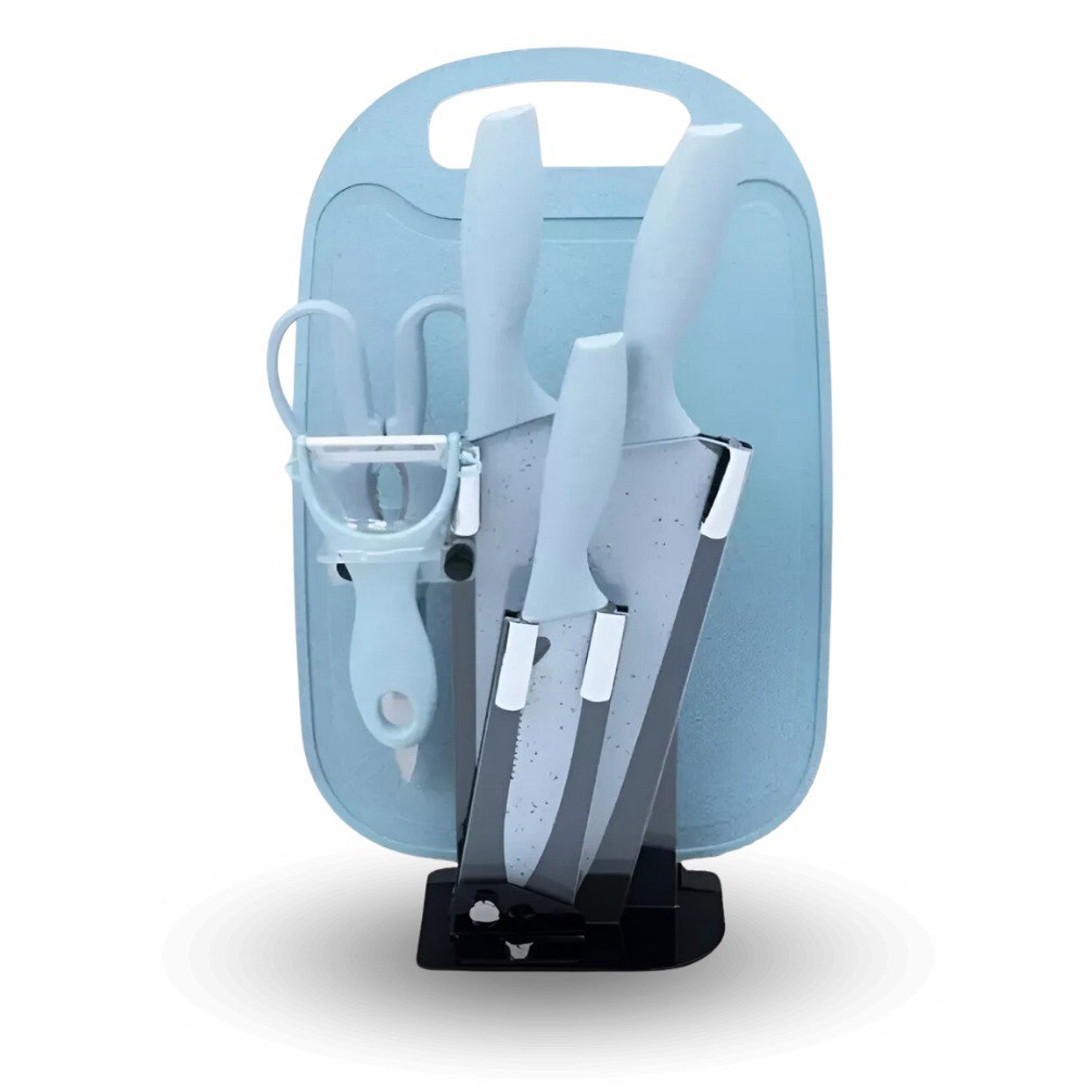 Set X7 Utensilios Cuchillos PREMIUN Cocina Azul Con Tabla Para Picar