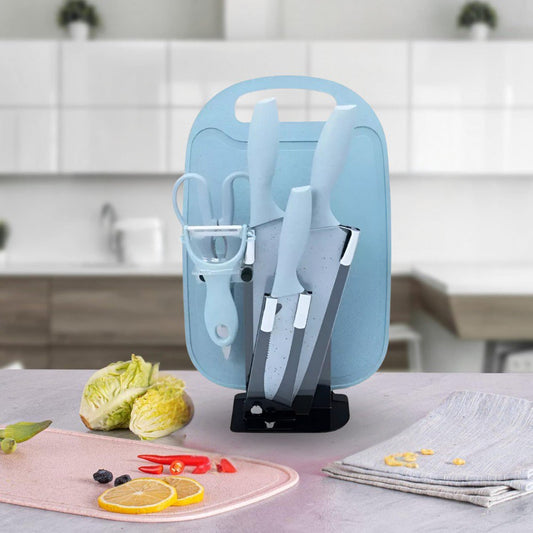 Set X7 Utensilios Cuchillos  PREMIUN Cocina Azul Con Tabla Para Picar